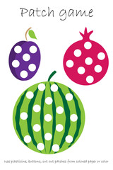 Education Patch game fruit for children to develop motor skills, use plasticine patches, buttons, colored paper or color the page, kids preschool activity, printable worksheet, vector illustration