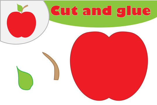 Apple in cartoon style, simple education game for the development of preschool children, use scissors and glue to create the applique, cut parts of the image and glue on the paper, vector illustration