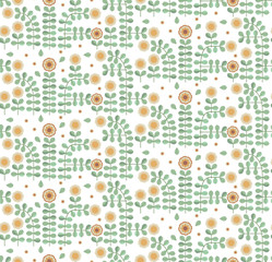 Ornamental seamless pattern with leaf and flowers. Cute print in scandinavian style.The image is made in the style of spring things. Abstract background. Ornamental, traditional, simple.
