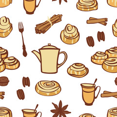 Food collection Cinnamon buns and bakery spices Seamless pattern