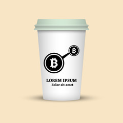 coffee cup with bitcoin emblem in black and white