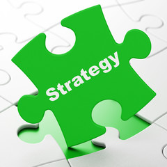 Business concept: Strategy on Green puzzle pieces background, 3D rendering