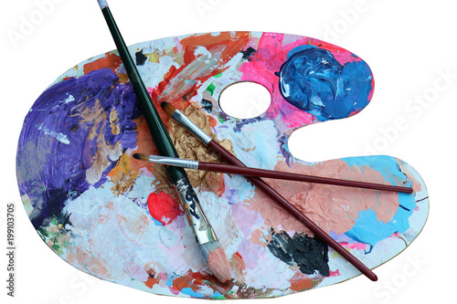 Coloured Oil Paints \u0026 Brushes on Palette. The Artists Tools