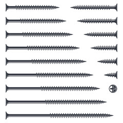 Set of screws of different lengths on wood and drywall. Monochrome illustrations, silhouette, shape screws for your design. Construction tools, flat icon, vector technical drawing. - obrazy, fototapety, plakaty