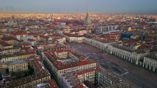city of turin aerial shot flight over downtown
