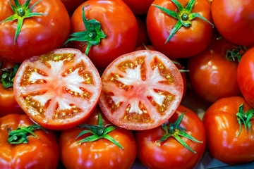 fresh tomatoes at the market, close view