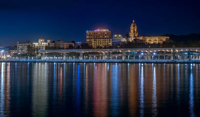 Fototapeta na wymiar Panoramic view of Malaga city harbour, Spain, long exposure