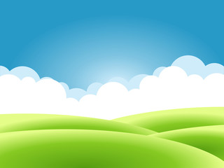 Summer nature background, a landscape with green hills and meadows, blue sky and clouds. Vector illustration
