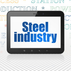 Industry concept: Tablet Computer with  blue text Steel Industry on display,  Tag Cloud background, 3D rendering