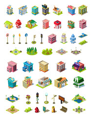 Isometric vector icons set for city constructor. Houses, cafe, hospital, shop, hotel, road equipment, park elements, Modern town architecture. Urban buildings