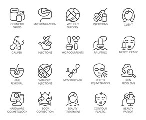 Set of 20 icons on cosmetology theme. Labels isolated. Beauty therapy, medicine, healthcare, wellness treatment linear symbols. Correction, rejuvenation, anti-aging procedure logo. Vector graphic