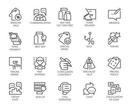 Set of 20 linear icons isolated on marketing, commerce and business theme. Graphic contour logo or button for websites, instant messenger and mobile applications. Vector illustration