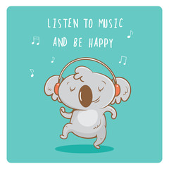 Postcard with cute cartoon koala  listening to music in earphones. Vector contour  image. Little funny baby animal. Children's illustration.