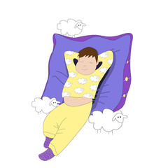 Little boy sleeping in a big cushion surrounded by sheeps.