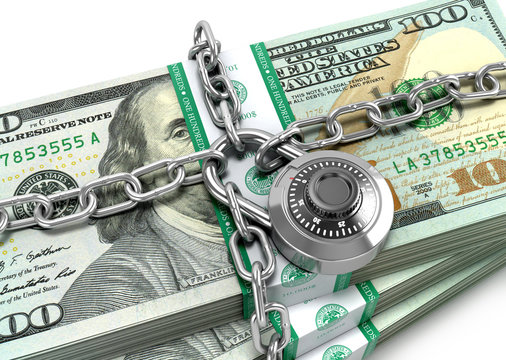 Dollar bills wrapped in a chain and locked into a code lock.