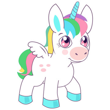 Cute Little Magic Unicorn Vector Illustration. Fairy Tale Character. Fantasy Cartoon Character. Romantic Hand Drawing Illustration For Children. Animals And Mythical Creatures.