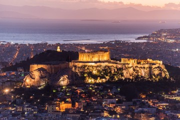 View of Athens and the Acropolis during nightfall