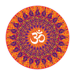 Mandala. Aum sign in a halo of fine lines and openwork ornament. Spiritual symbol. Motives of Eastern culture. Vector graphics.