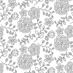 Seamless pattern with hand drawn flowers, black and white floral texture, vector illustration.