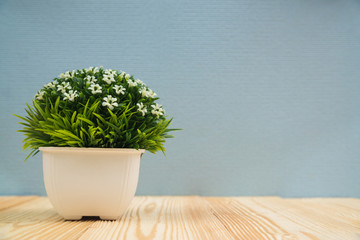 Little decorative tree and flower bouquet in white vase on wooden table.