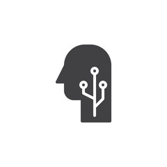 Human head with electronic circuit vector icon. filled flat sign for mobile concept and web design. Artificial Intelligence simple solid icon. Symbol, logo illustration. Pixel perfect vector