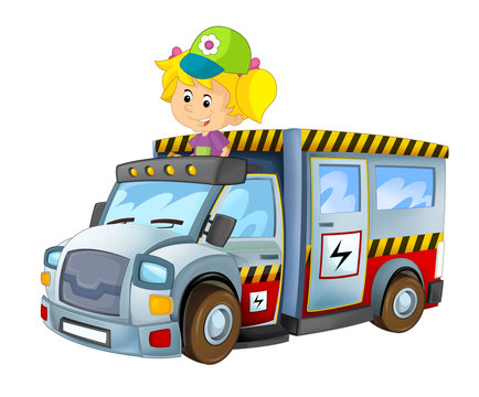cartoon scene with child - girl in toy vehicle electricity car on white background - illustration for children