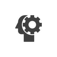 Gear in head vector icon. filled flat sign for mobile concept and web design. Thinking process, idea generation, brain functioning simple solid icon. Symbol, logo illustration