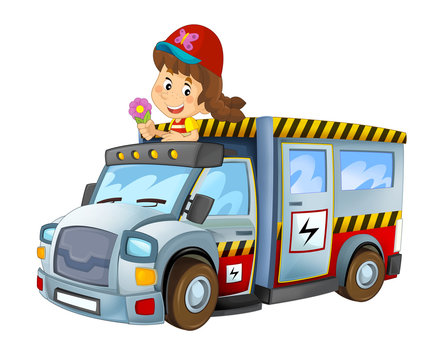 cartoon scene with child - girl in toy vehicle electricity car on white background - illustration for children