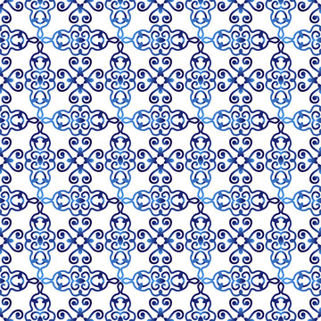 Ceramic tile pattern. Islamic, indian, arabic motifs. Damask seamless pattern. Porcelain ethnic bohemian background.
