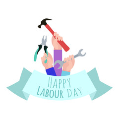 Postcard to the Day of Labor. Working with tools. Ribbon with congratulations. Happy Labour day