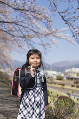 新一年生の女の子　桜背景