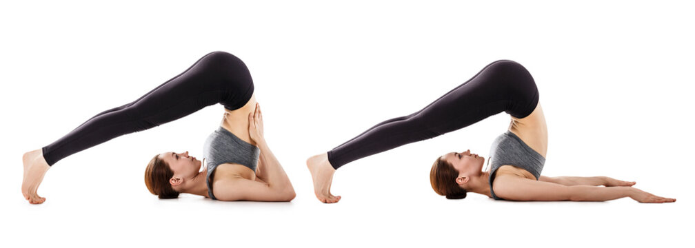 Collage of beautiful flexible woman doing yoga.