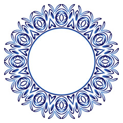 Ceramic tile pattern. Decorative round ornament. White background with art frame. Islamic, indian, arabic motifs.