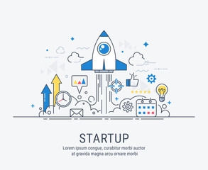 Startup concept with thin line flat modern design for web.