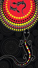 Naklejka premium Lizard vector, Aboriginal art background with lizard, Landscape Illustration based on aboriginal style of dot painting.