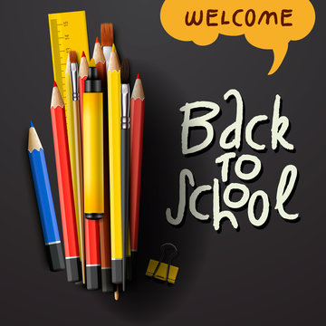 Back to school title words with realistic school items with colored pencils, pen and ruler in a black texture background, vector Illustration