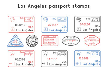 Naklejka premium Znaczki paszportowe. Los Angeles, USA. Przyjazd i wyjazd samochodem, pociągiem, samolotem. Zestaw kolorowych znaczków