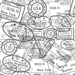 Passport stamps seamless pattern. Black and white travel background with ink stamps of USA cities