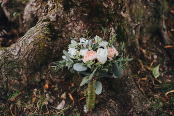 wedding bouquet of flowers and greens stands in forest near large old tree
