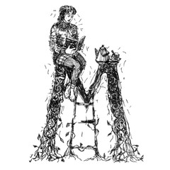 Letter. The person reading the book is drinking tea. Comfort. Graphic arts. Illustration