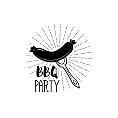BBQ Party Badge. Grilled Sausage label.  illustration isolated on white