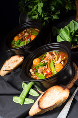 strips of pork  with sugar peas and other vegetables