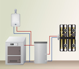 Solid and gas fuel boiler with accumulator tank in the heating system. Vector illustration. HVAC equipment and pump units. Hydraulic strapping.