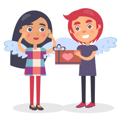Boy Going to Present Gift Box Heart Sign to Girl