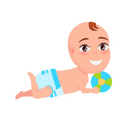 Smiling Baby Infant in Diaper Playing Color Ball