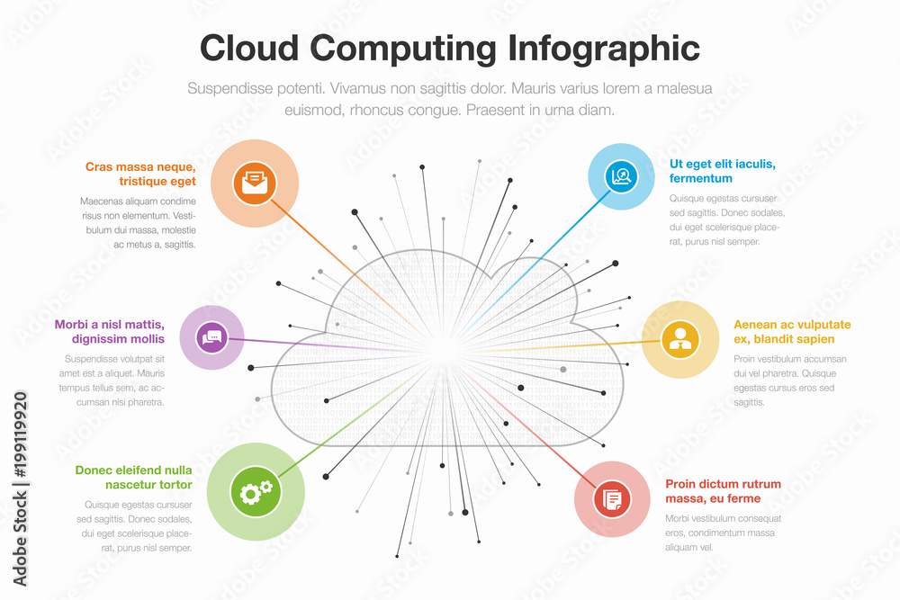 Poster Cloud computing infographic concept with cloud symbol filled with binary numbers, colorful circles on a line and icons isolated on light background.