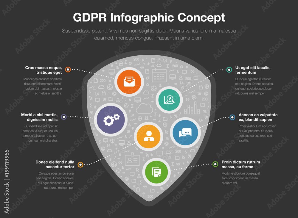 Poster european gdpr infographic concept with shield symbol filled with small icons and colorful circles is