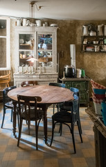 Dining table and kitchen interiors, Brittany, France, Europe