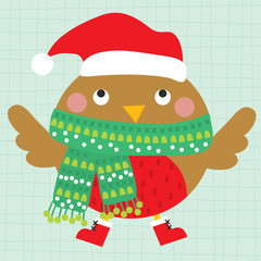 christmas greeting card with cute robin