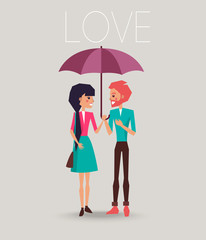 Young Couple in Love Standing under One Umbrella